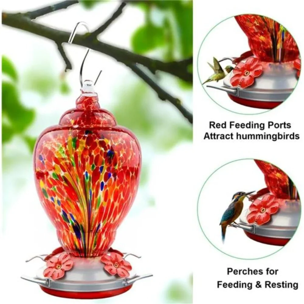 Hummingbird Feeder for Outdoors Patio Large 32 Ounces Colorful Hand Blown Glass